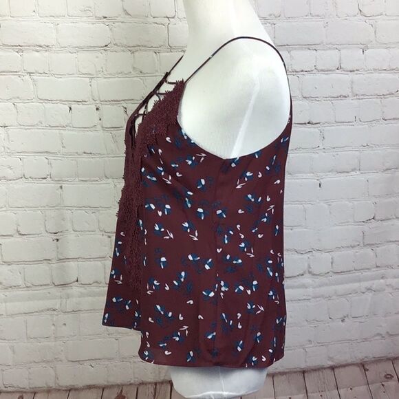 WAYF Burgundy Lace & Floral Lace up Camisole spaghetti strap top. XS - Picture 4 of 9